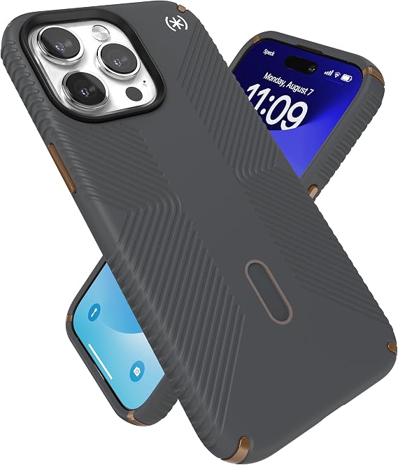 Speck iPhone 15 Pro Max Case - ClickLock No-Slip Interlock, MagSafe Compatible, Drop Protection Grip - Soft Touch 6.7 Inch Phone Case - Presidio2 Grip Charcoal Grey/Cool Bronze/White