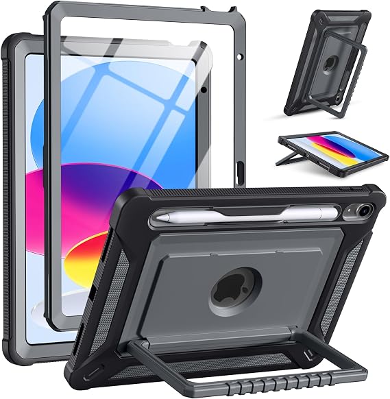Vobafe Case for iPad (A16) 11th/10th Generation 2025/2022 11 Inch/10.9", Full-Body Shockproof Outdoor Cover with Screen Protector, Rotating Stand, with Pencil Holder, Spacce Gray