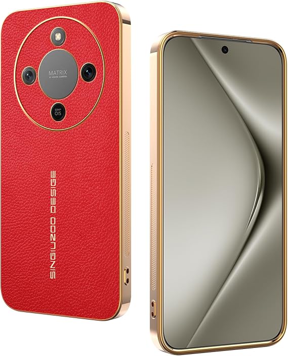 Honor Magic 8 Liteカバー用レザーケース、ライチテクスチャー PUレザー 電気メッキフレーム スマホケース 耐衝撃 滑り止め 男性用 保護カバー Honor Magic 8 Liteシェルと互換性ありレッド