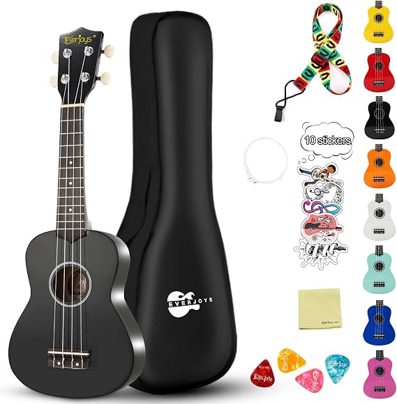 Soprano Ukulele Beginner Kit for Kids Adult Student w/Free Online Lesson 21 Inch Ukelele Gig Bag Strap String Stickers Pick Polishing Cloth, Rainbow Series Ukalalee(Shinny Black)