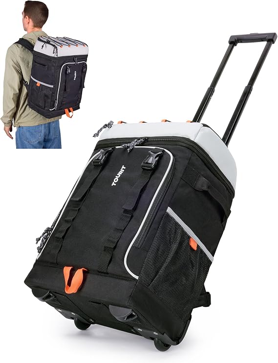 TOURIT 50-Can Rolling Backpack, Double Deck & Dual-Bar Handle Travel Soft Cooler Bag with Wheels for Women, 30L Space Beach Cooler Size 18"(15"+3")×13"×11"