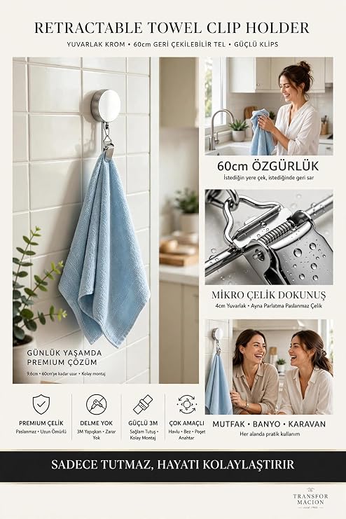 Transformacion 2li Geri Çekilebilir Havlu Askısı Yapışkanlı Mutfak Banyo Havlu Klipsi Duvar Askılığı Kancası Delmesiz Çinko Alaşım Metal Pratik Havlu Tutucu 723454