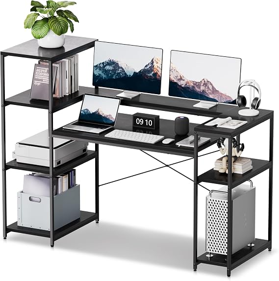 HYPIGO Computer Desk with Storage Shelves, 63 Inch Office Desk with Monitor Stand, Gaming Desk with CPU Stand for Study, Writing, PC Work, Gaming, Black