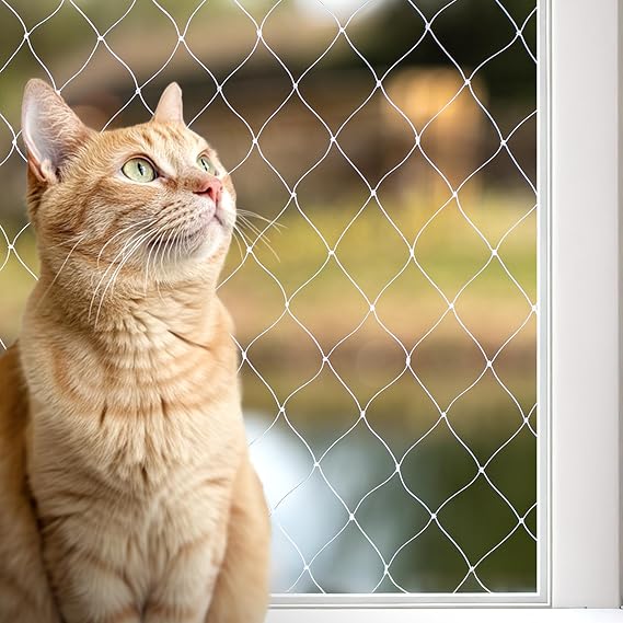 lionto Cat Balcony Safety Net, Transparent, 4 x 10 m, Drill-free