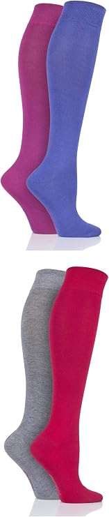 SockShop Ladies Bamboo Kneehigh Socks - Knee High Soft Breathable Cooling Socks with Smooth Toe Seams, Plain & Striped Size 4-8 Many Colours 4 Pair Multipack