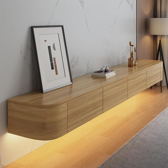 Floating TV Stand Cabinet wall mounted Brown Floating tv Shelves with LED light & Doors & Drawer Modern Media Entertainment TV Console Storage TV Unit for Living Room (140cm/55in)