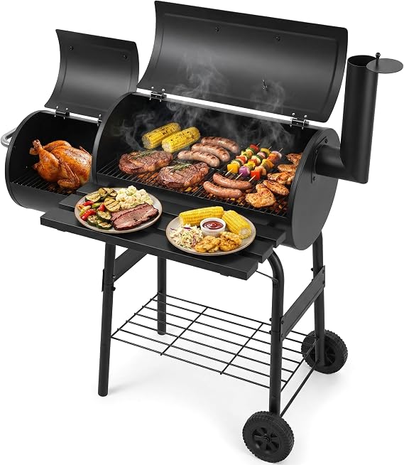 Charcoal BBQ Drum Barrel Grill,2 in 1 Barbeque and Smoker, Large Portable Drum Barrel with Fold Down Shelves, Temperature Gauge, Wheels, Cooking Grill, Air Vents For Garden Outdoor Cooking