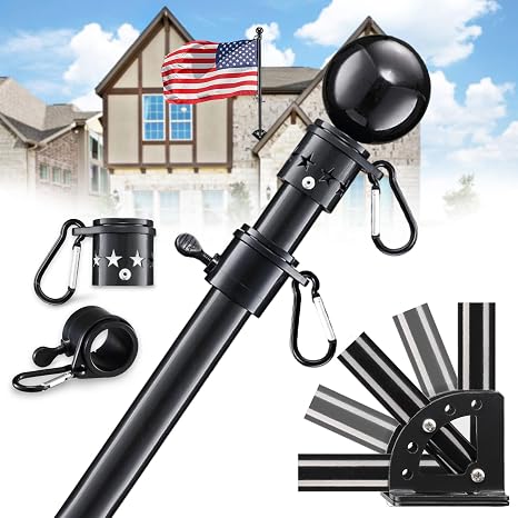 House Flag Pole Kit - 5ft Heavy Duty Metal Flag Pole Holder for Outside House,Tangle Free 3x5 Flagpole with Multi-Position Mounting Bracket for Porch,Outdoor
