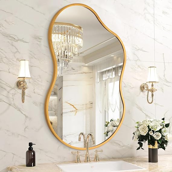 Irregular Bathroom Wall Mirror, Gold Aluminum Alloy Frame Asymmetrical Decor Mirrors Brushed Metal Vanity Wall Mounted Mirror for LivingRoom Bedroom Room Home Large 40x65 CM