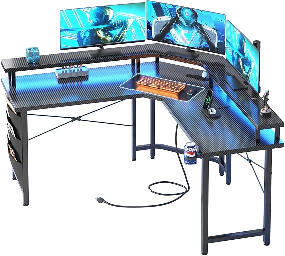 CAIYUN Computer Desk with Power Outlets & LED Strip,50.8" Reversible L Shaped Desk with Monitor Stand & Storage Bag, Black Gaming Desk with Cup Holder for Home Office, Carbon Fiber
