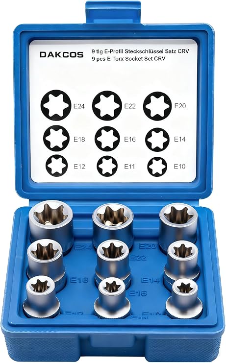 DAKCOS 9-Piece External Torx Socket Set 1/2 Inch Sockets E10 E11 E12 E14