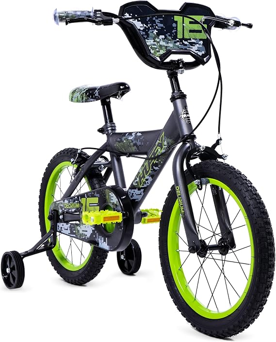 Huffy Delirium 16-Inch Boys’ Bike, Durable Steel Frame, Dual Caliper Brakes, Removable Stabilisers, Single-Speed, Kids’ Bicycle for Ages 4-6, Storm Matte Grey & Lime Green