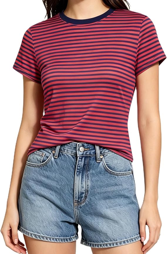 ストライプ ベビー Tシャツ レディース Y2k 半袖 スリム フィット クロップトップ ヴィンテージ クルーネック ベーシック Tシャツ 90年代 お出かけ シャツ