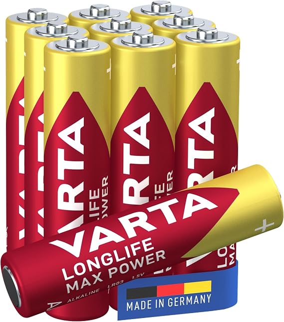 VARTA Longlife Max Power AAA Batteries Pack of 10 (8+2) Alkaline Micro Batteries LR03 with 1.5 V Made in Germany for Digital Devices
