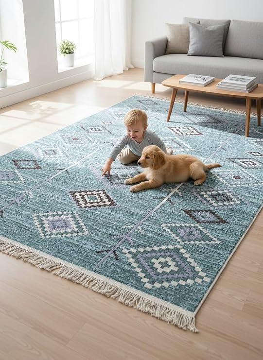 Kilim Çift Taraflı Kullanılabilir Makinede Yıkanabilir Dokuma Kilim AçıkYeşil-Krem