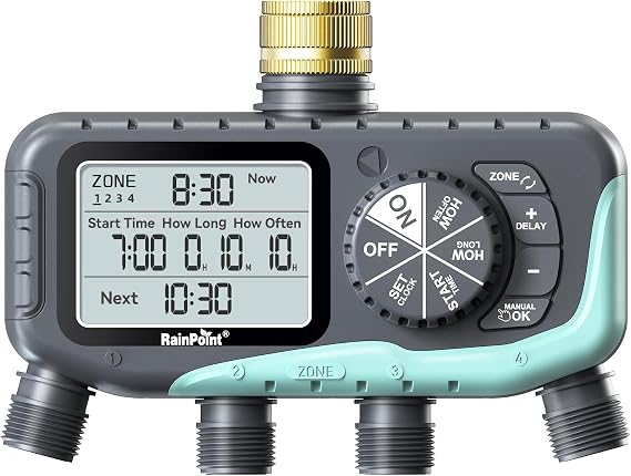 RAINPOINT 4 Zone Water Timer, Brass Inlet, IP65 Waterproof Automatic Programmable Irrigation Hose Sprinkler Timer with Rain Delay/Manual Control, for Garden Lawn Watering, Drip Irrigation