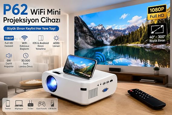 P62 WiFi Mini Projektör 1080P Full HD Destekli 5W Hoparlör