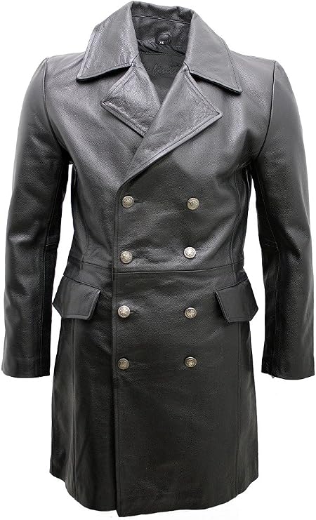 Infinity Leather Men's Long Black German Navy Leather Coat