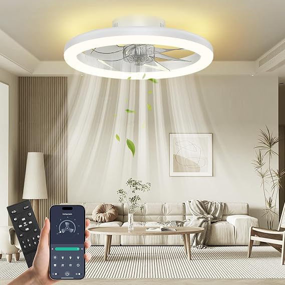 Nalezuns Ceiling Fans with Lights and Remote, 40cm Low Profile Ceiling Fan, 3000-6000K Dimmable Modern Flush Mount LED Fan Light, 6 Wind Speeds, White Modern Ceiling Fans with Lights for Bedroom [Energy Class A]