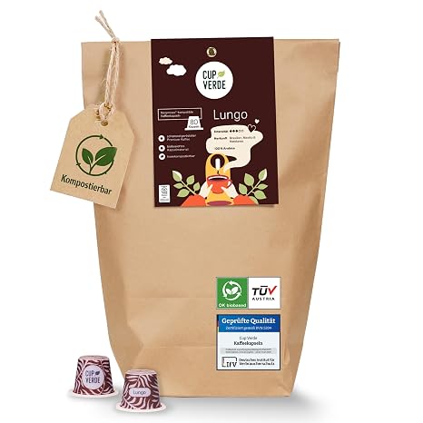 CUP VERDE Lungo Compostable Coffee Capsules - [80 Capsules - Compatible with Nespresso®] - Coffee - 100% Arabica - No Aluminium - Capsule Coffee - Roasted Coffee - Coffee Enjoyment - Storage Pack