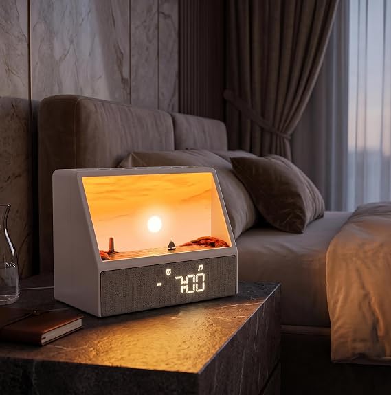 Daylight Alarm Clock Sunrise Alarm Clock Light Alarm Clock White Noise Machine Creative Sunrise Animation with 7 Modes 12 Nature Sounds Music Speaker Gifts for Deep Sleepers [Energy Class G]
