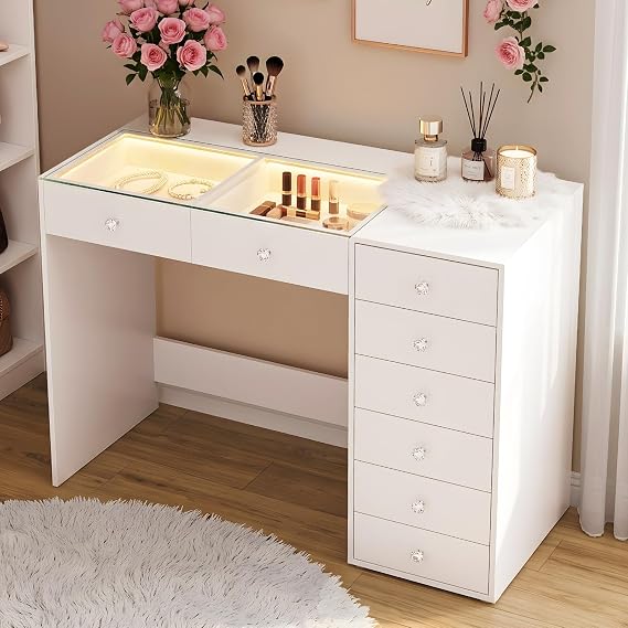 FENCHILIN Dressing Table with 3 Color Lights Vanity Makeup Desk 8 Drawers