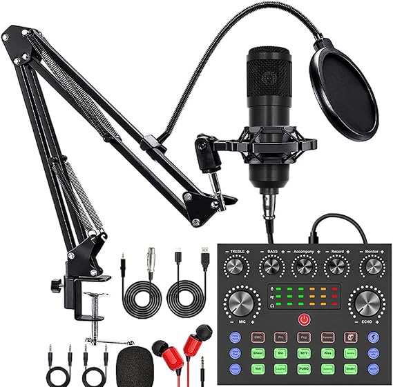 Podcast Equipment Bundle with Podcast Microphone Bundle,Voice Changer,Suspension Scissor Arm,Wired Headphones,Shock Mount and Pop Filter for Studio Equipment,Singing,Gaming,Live Streaming Black