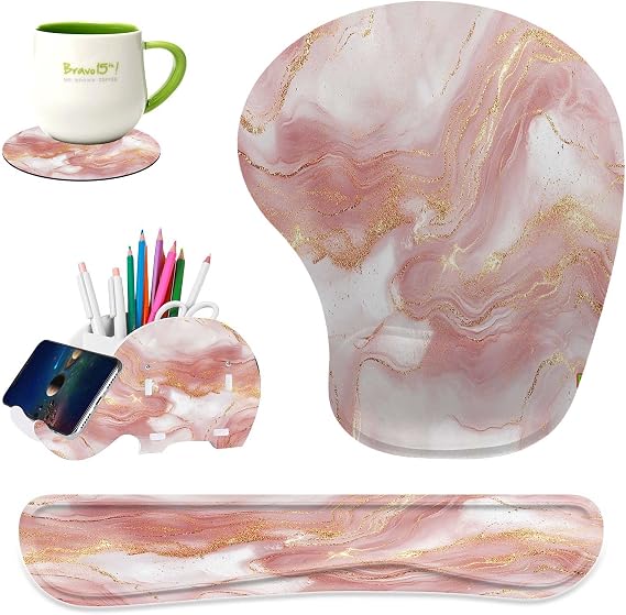 Klavye Bilek Dinlenme Pedi Ergonomik Mouse Pad Seti, Dizüstü Bilgisayar, Ev, Oyun, Ofis, Eşleşen Fil Kalem Tutucu ve Bardak Altlığı için Kaymaz PU Taban (Pembe Altın Mermer)