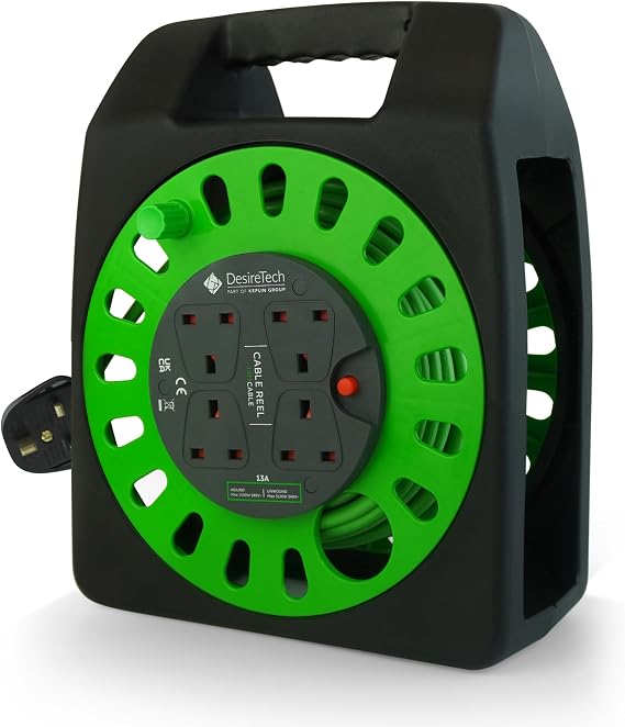 Desiretech 4 Socket Extension Lead 18m, Heavy Duty 4-Way Cable Reel, 13A Thermal Cut-Out, LED Indicator, Extra Long Extension Lead 15m–20m, Black & Green, CE & UKCA Certified (18 Metre)