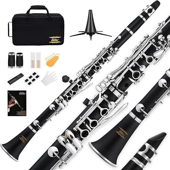 Eastar B Flat Clarinet for Beginner, Ebonite Clarinet Nickel-plated with 2 Barrels, 3 Reeds, White Gloves, Hard Case, Cleaning Kt, ECL-300