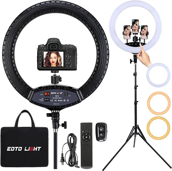 EOTO Light 19 Inch LED Ring Light with Tripod Stand for Makeup, Portrait, YouTube Vlog, Video Shooting, Includes Carrying Bag and Remote Controller