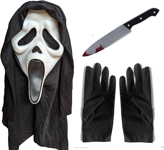 jokeshop Scream Ghost 3pc Kit Face Mask With Hood, Short Black Gloves & Knife Halloween Horror Fancy Dress Killer