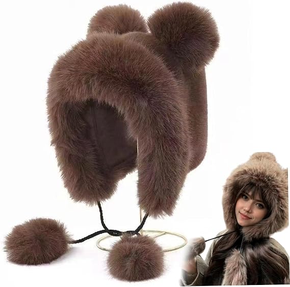 Bear Hat Furry Plush Animal Hat with Ear Soft Warm Winter Beanie for Adults Women Girls, Coffee, Polar Bear