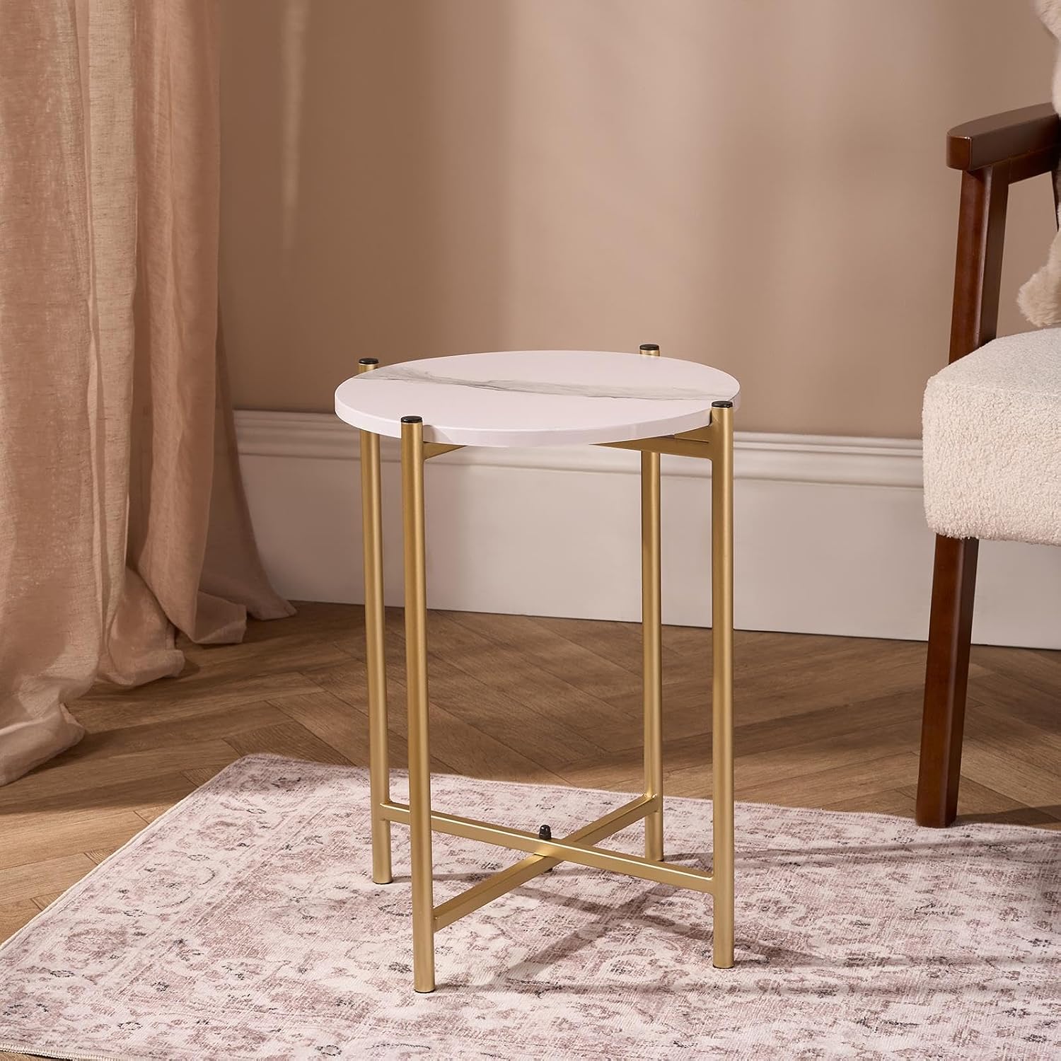 OHS Side Table Living Room, White Mable Top Round Coffee Table with Gold Sturdy Metal Frame Decorative Small Table Nightstand Bedside Tables for Bedroom Living Room Home Office