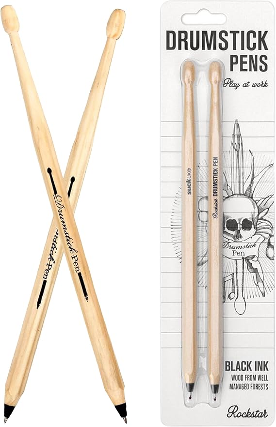 Suck UK Drumstick Pen | Drummer Gifts for Men | Gifts For Drummers | Drum Accessories | Wooden Drumstick Shaped Pen | Music Stationery Supplies | Cool Drum Kit Ballpoint Pens - Set of 2 Black