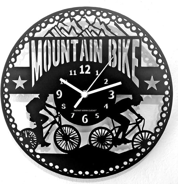 Mountain Bike Wall Clock with Cyclists and Cycling Bicycle Design | Silent No-Ticking | Perfect for Bedroom, Office, Studio, Cabin, Living Room | Unique Decoration