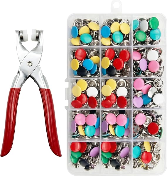 200 Sets Snap Button Fastener Kit, 9.5mm Metal Snap Fastener, Press Studs Snap Fasteners Kit with Pliers, Popper Fasteners Kit for DIY Crafts, Clothing, Bags, Colourful