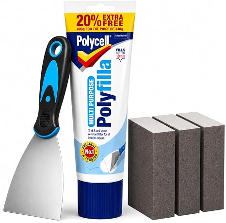 Polycell Polyfilla Ready Mixed Tube 396g All Purpose Filler Interior Exterior Plaster Wood Stone Cracks Holes Smooth Paste For Walls With Muelo Metal Wall Scraper Tool 3" & 3 Mixed Grit Sanding Blocks