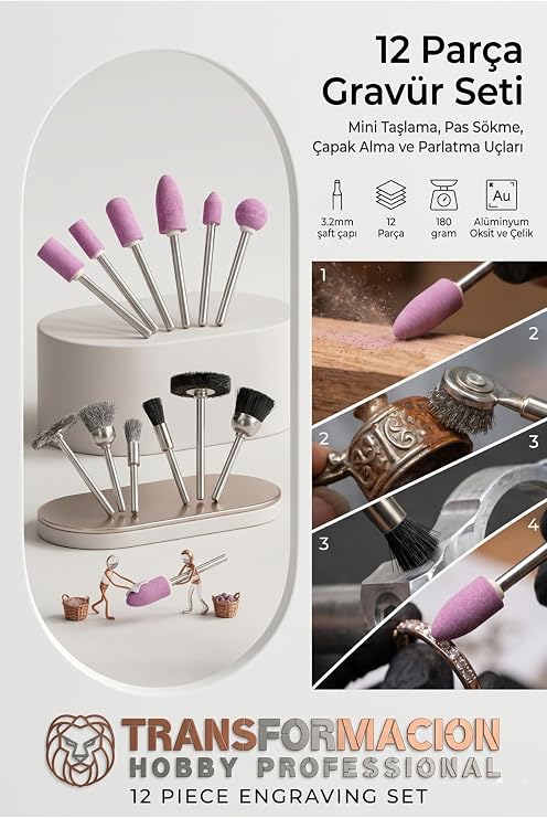 Transformacion 12 Parça Gravür Seti, Mini Taşlama, Pas Sökme, Çapak Alma ve Parlatma Uçları, 3,2 mm Şaft Çaplı, Alüminyum Oksit Uçlar ve Çelik/Naylon Fırçalar, 180 Gram