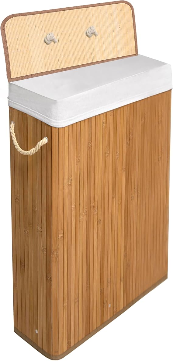 KNIGHT Bamboo Laundry Basket with Lid, 56L SLIM Laundry Hamper with Handles & Removeable Washable Lining, Easy Assemble Storage Bin 47x20x60 cm (Natural)