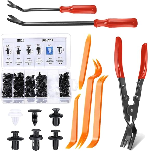 3 Pcs Auto Clip Pliers Set and 100 Pcs Car Trim Clips, Automotive Rivet Removal Tool Kit with Plastic Fasteners for Door Panel, Bumper, Dashboard Repair