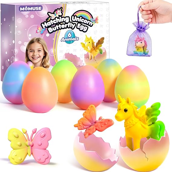 MOMUSE Hatching Unicorn Eggs for Kids 6PCS, Rainbow Surprise Magical Eggs | Mini Unicorns & Butterflies & Reusable Charm Pouches, Blind Box Craft Kits for Girls 3 4 5 6 7 8, Easter Birthday Gifts