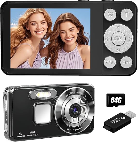 OBEST Digital Camera 4K 64GB 64MP Autofocus Camera with 2.8 Inch LCD Screen 18X Digital Zoom Compact Camera 2000 mAh Portable Mini Camera for Teenagers Adults and Beginners
