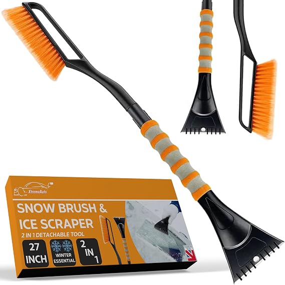 Xtremeauto Ice Scraper Snow Brush - 2 in 1 Car Windscreen Window Long Scraper Brush Car Ice Scraper For Windscreen, Foam Grip Car Window Scraper With Long Handle, 27" Detachable Icescraper