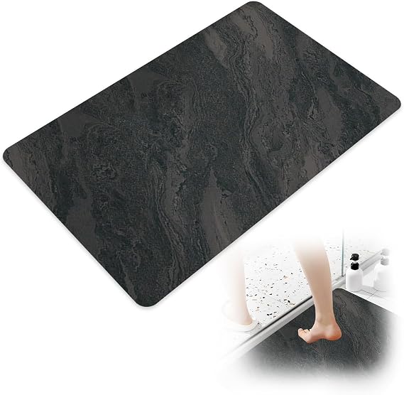 Stone Drying Mat Bathroom, 40x60cm Diatomite Stone Bath Mat Quick Dry, Marble Pattern Non-Slip for Bathroom Kitchen Living Room (Black)