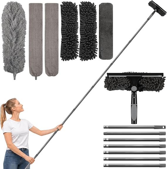 marysgift 3.1 M Extendable Duster for Cleaning Window Cleaning Equipment Extendable for High Ceilings，2in1 Window Cleaning Kit for High Window Grey