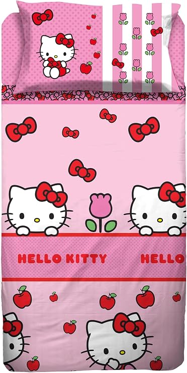 hermet Hello Kitty Single Bed Sheet Set, Flat Sheet, Fitted Sheet, Pillow Case, Pink, 100% Cotton, Official Product
