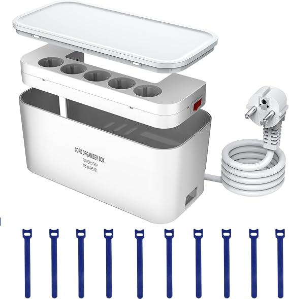 Cable Box with Power Strip USB C Surge Protection 5-Way Multiple Socket with 3 USB Charging Ports Cable Organiser Box Socket Adapter 29.5 x 14 x 14 cm 2 m Cable White