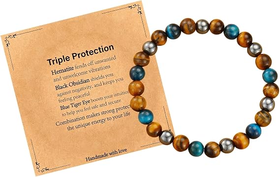 Triple Protection Bracelet,Tiger Eye Bracelet,Obsidian Hematite Tiger Eye Beaded Bracelets,Tourmaline Bracelets,Blue Tigers Eye Bracelet,Balance Natural Stone Jewelry for Men Women,Gifts for Birthdays