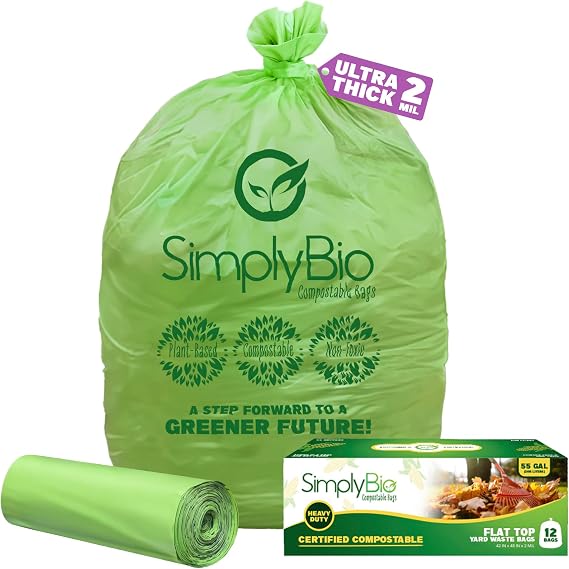 Simply Bio 55 Gallon Compostable Trash Bags Flat-Top, Heavy Duty Extra Thick 2 Mil, 208.2 Liter, 12 Bags, Large Lawn and Yard Waste Bag, ASTM D6400, US BPI and OK Compost Home Certified